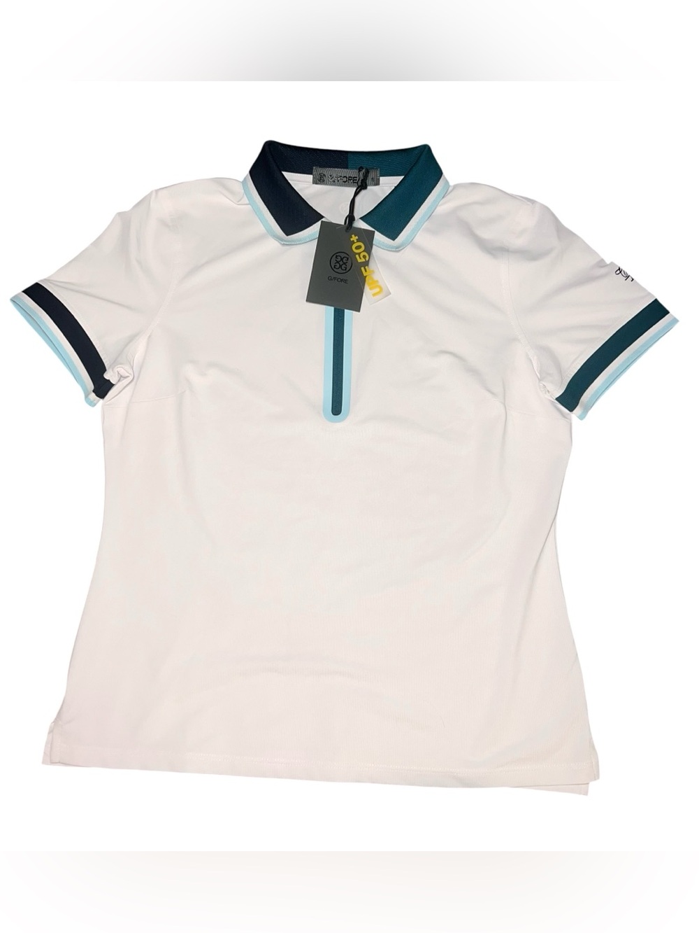 G/FORE White Polo Shirt with Teal and Navy Trim Womens Golf Short Preppy Small